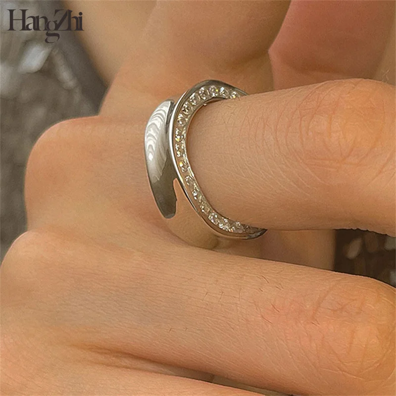 

HANGZHI 2021 New Metal Zircon Geometric Irregular Opening Rings Silver Color for Women Girls Party Jewelry Gifts