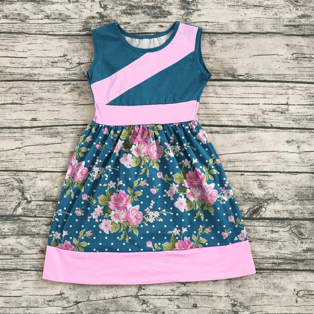 

new arrivals spring/summer baby girls children clothes cotton navy pink floral flower splice dress boutique floral knee length