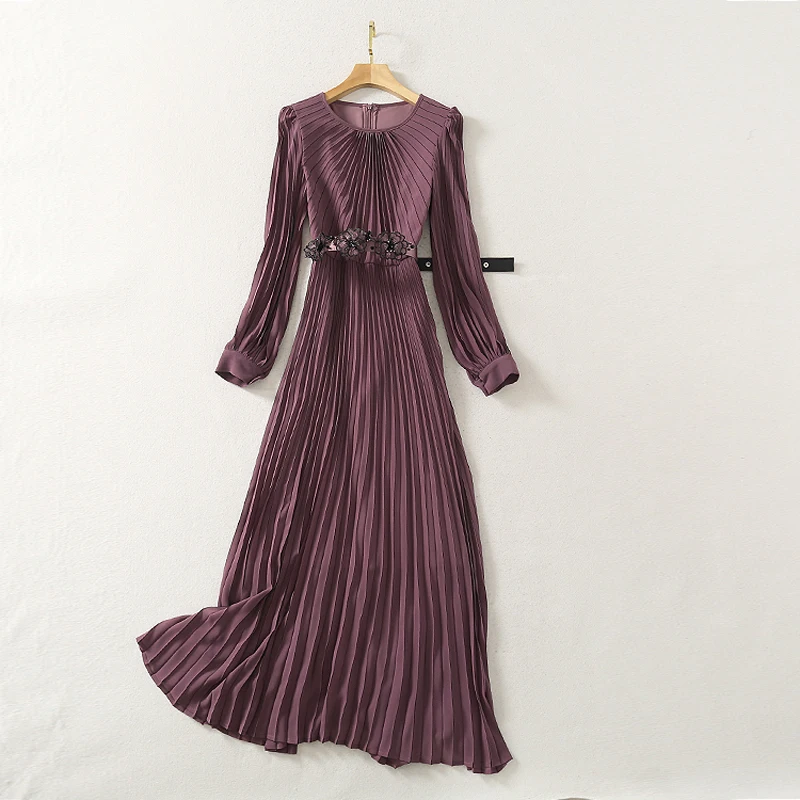 Женское длинное платье плиссированное макси с О-образным вырезом длинным