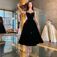 elegant simple black velour evening party dresses 2021 halter short prom dresses tea length special occasion gowns plus size
