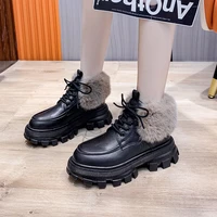 winter womens short boots thickened furry fluffy short boots round toe lace up flat boots outdoor non slip casual womens boots
