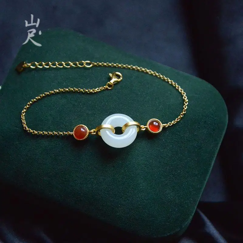 

Anze Natural Hetian Jade White Jade Safety Buckle Bracelet S925 Sterling Silver Chain Simple Fashion Elegant to Give Mom