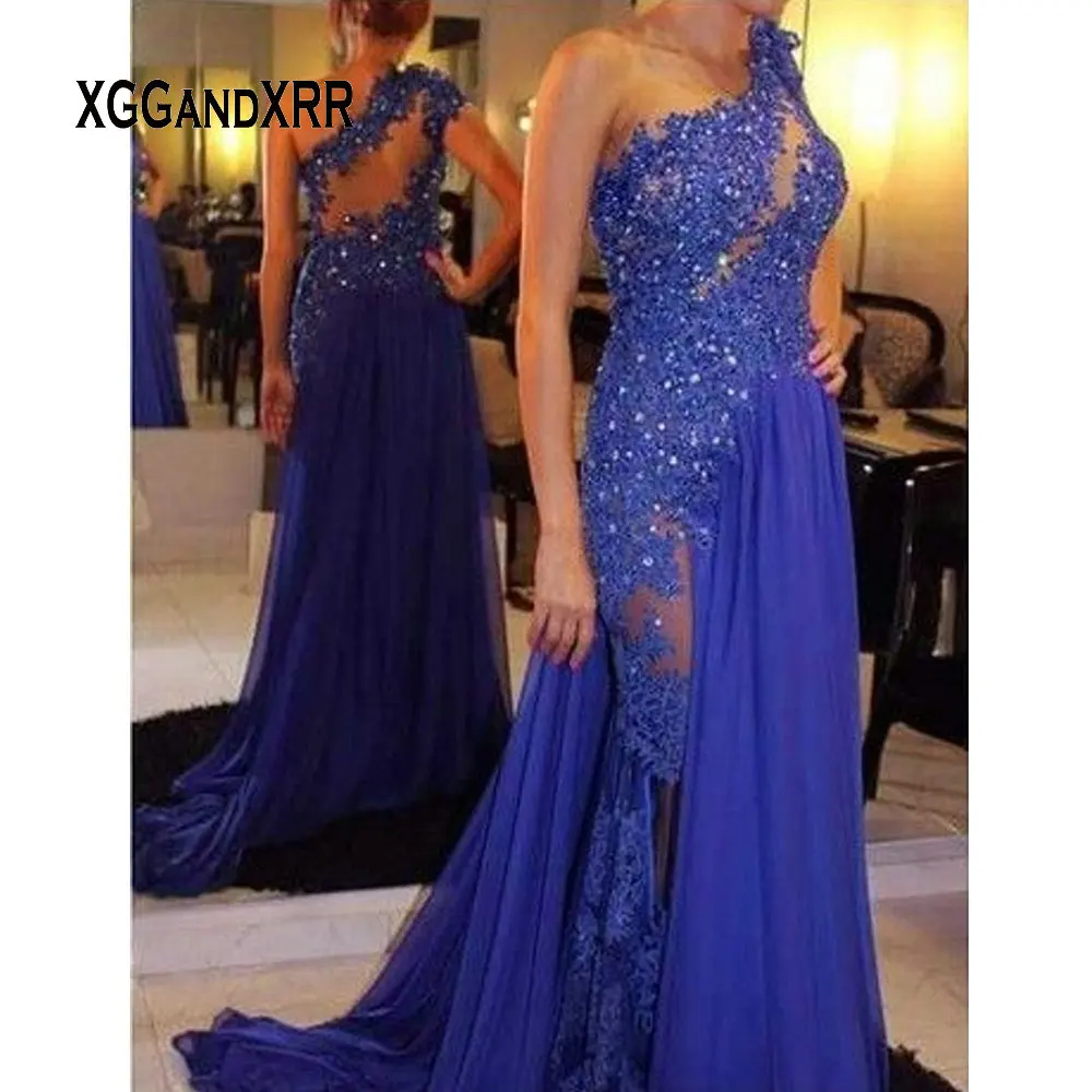 

Элегантное синее кружевное платье-Русалка на одно плечо для выпускного вечера 2020, длинное кружевное платье с цветочной аппликацией и бусин...
