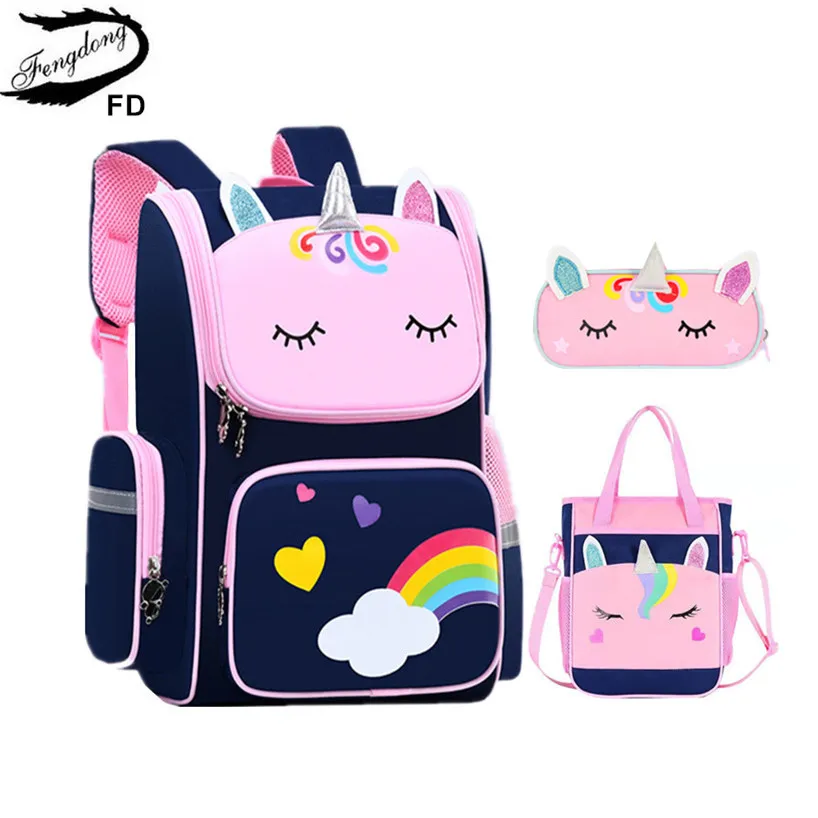 Fengdong cute 3D cartoon school backpack set borse da scuola elementari per ragazze rainbow love