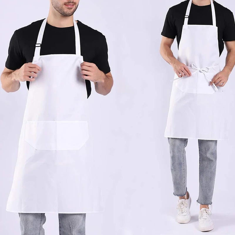 

12x Surround Apron, Kitchen Chef Apron with 2 Pockets, Adjustable Apron Apron, Used for Cooking, Serving-White