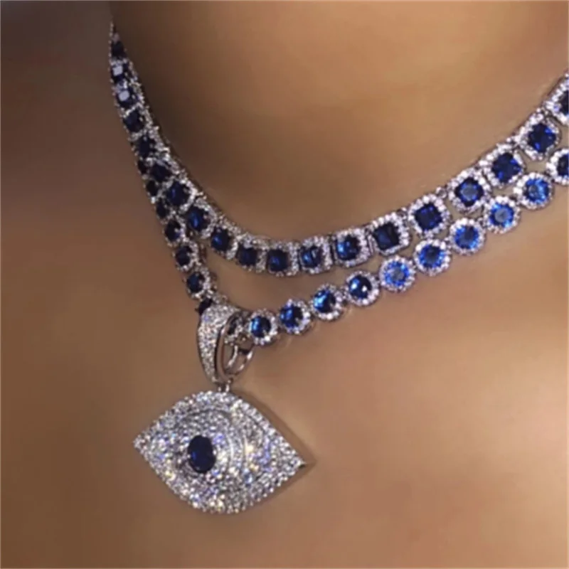 

Crystal Blue Eye Necklace for Women Statement Accessory Bohemian Vintage Fashion New Long Pendant Necklaces Boho Wholesale