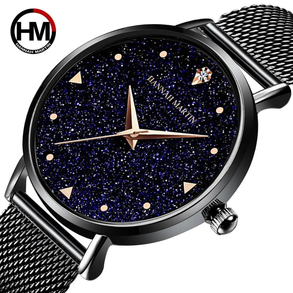 

Japan Quartz Movement Stainless Steel Mesh Band Watch Golden Ladies Wristwatches Flash Night Stars Face New Watches For Women