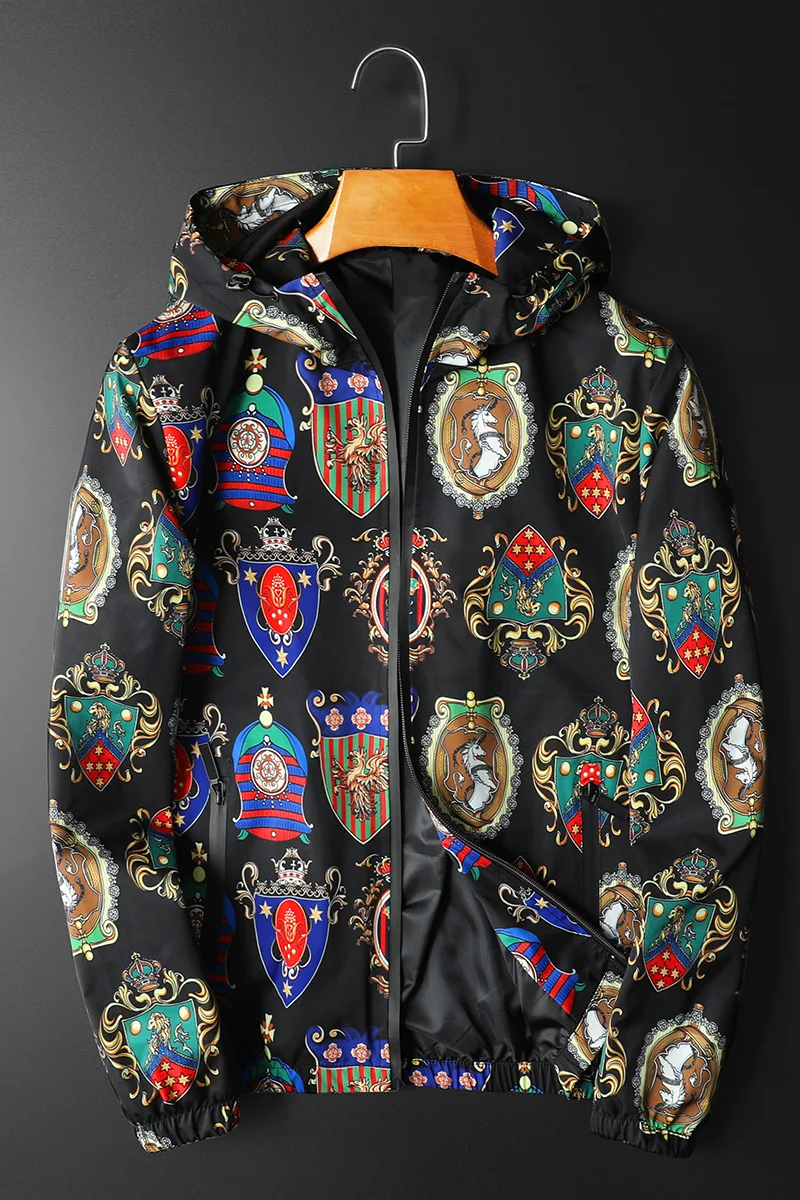 

All Over Badge Print Hood Male Classic Designer Bomber Club Outfit Oversize 5xl Mens Pattern Jacket