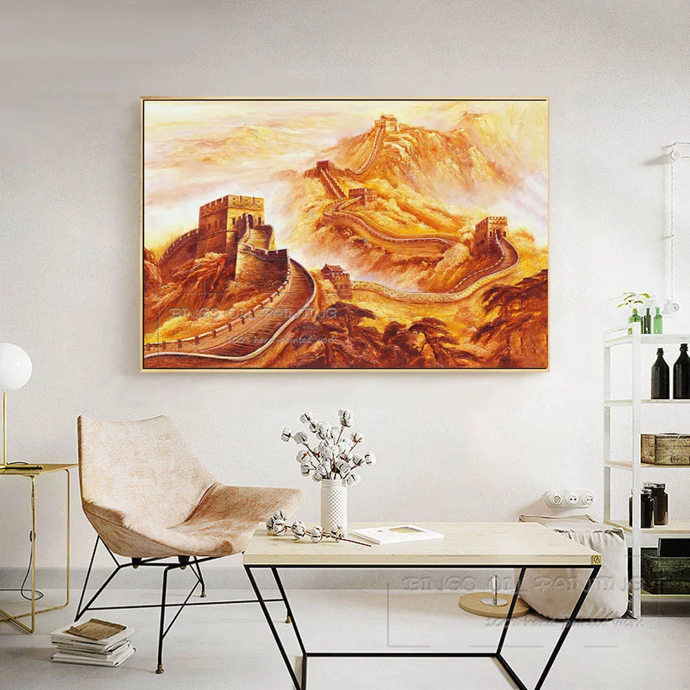 Koop Uitstekende Kunstenaar Handgeschilderde Hoge Miracle Building Grote Muur Olieverfschilderij Chinese Gebouw Landschap Olieverf