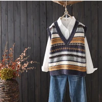 vintage v neck knitted vest pullover womens sweater autumn winter korean loose wild sweater vest sleeveless tank top waistcoat