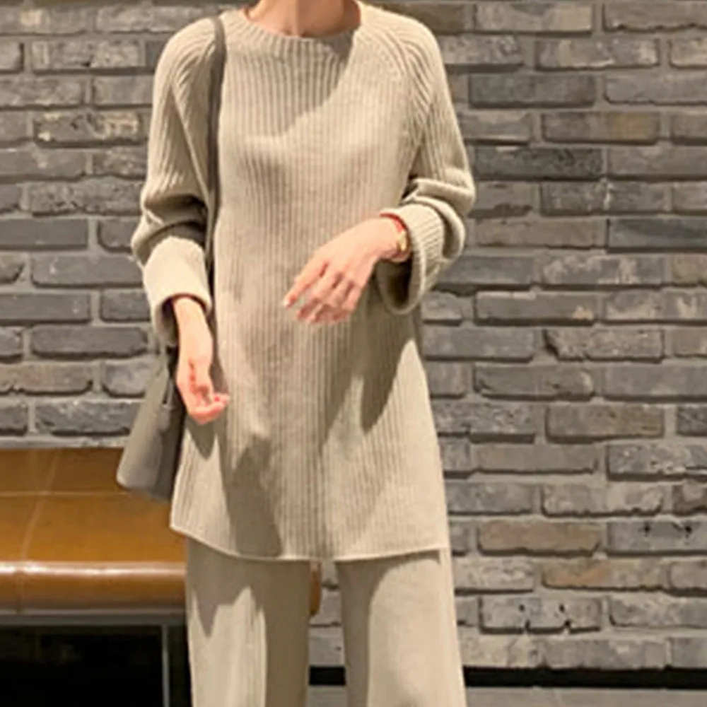 

2021 New Fashion Winter Women's Thicken Warm Knitted Pullover Sweater Two-Piece Suits +High Waist Loose Wide Leg Pants Set