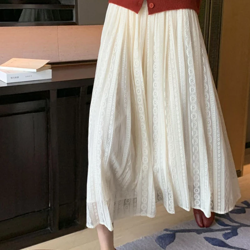 

Осень-зима 2021, Женская юбка средней длины, кружевная белая, черная, плиссированная, трапециевидная, в Корейском стиле, винтажная женская оде...