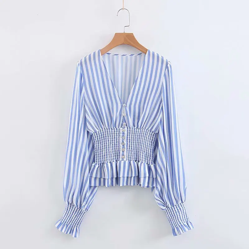 

2021 summer new style lantern sleeve waist waist all-match slim shirt V-neck stripe printing