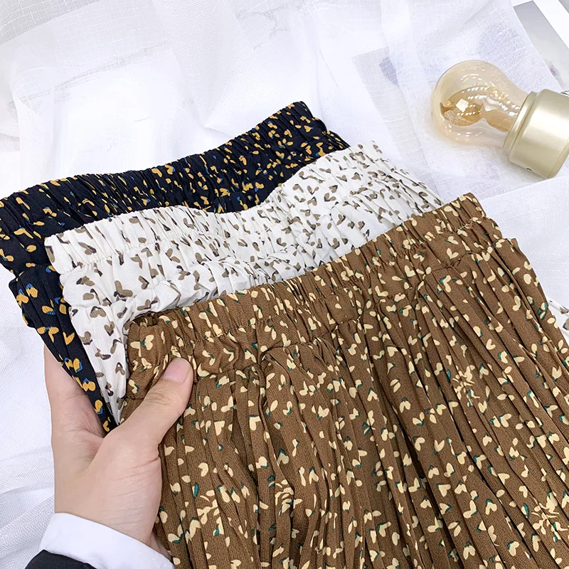 

Summer Skirts Womens 2021 New Vintage Floral Print Chiffon Pleated Skirt Elastic High Waist Casual Midi Skirt Women Clothes Jupe