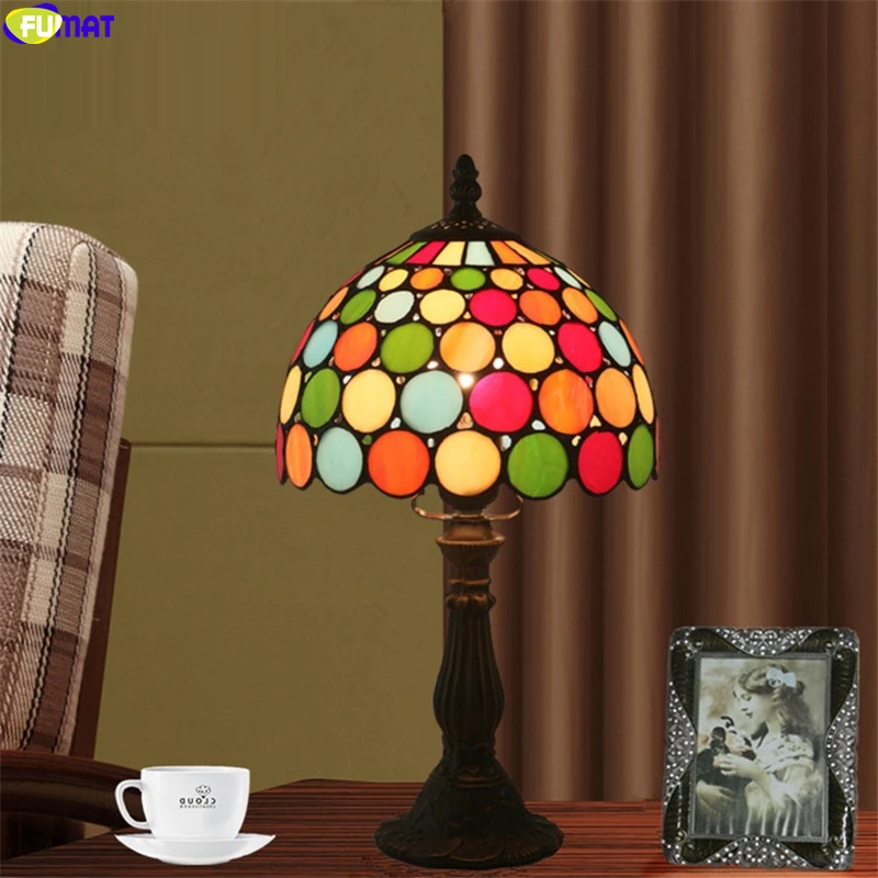

FUMAT tiffany style table lamp colorful ball lampshade 8 inch stained glass desk light handicraft arts european lamps alloy E27