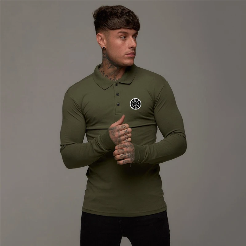 Новая мода мужские однотонные черные рубашки поло с длинным рукавом спортивная