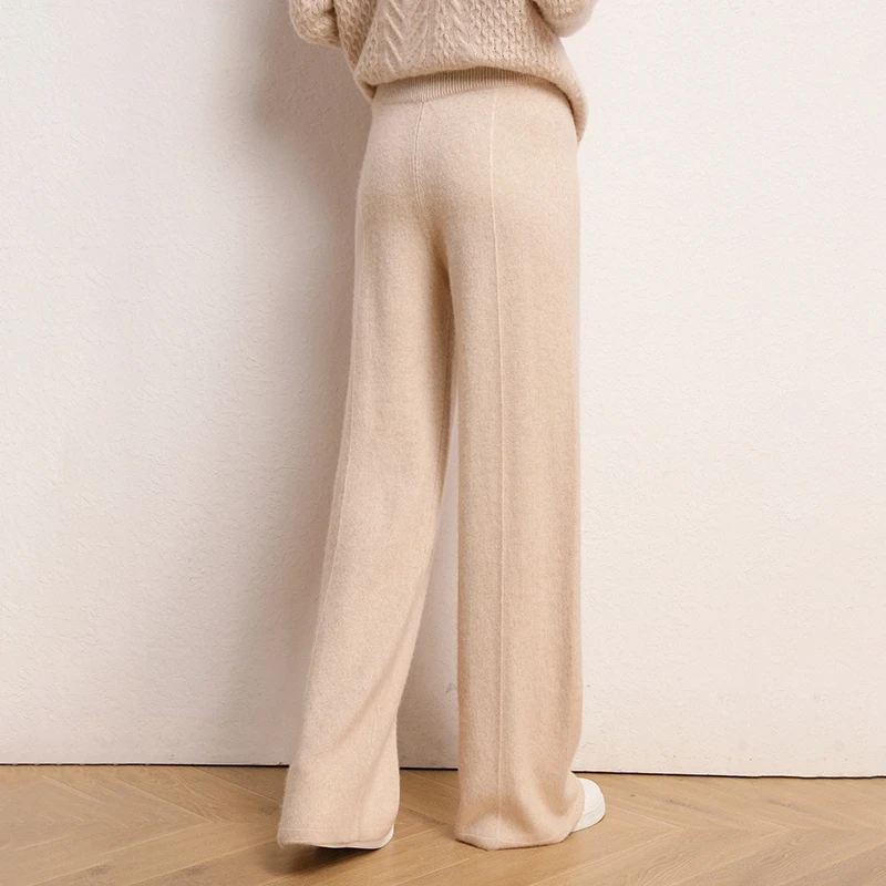 Women Pants 2020 New Autumn and Winter Soft Comfortable High-Waist 100% Cashmere Knitted Pants Female Pure Color Wide Leg Casual