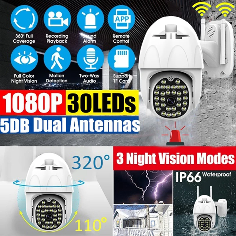 Внешняя камера видеонаблюдения 30 светодиодов Wi Fi PTZ IP 1080p|Камеры видеонаблюдения|