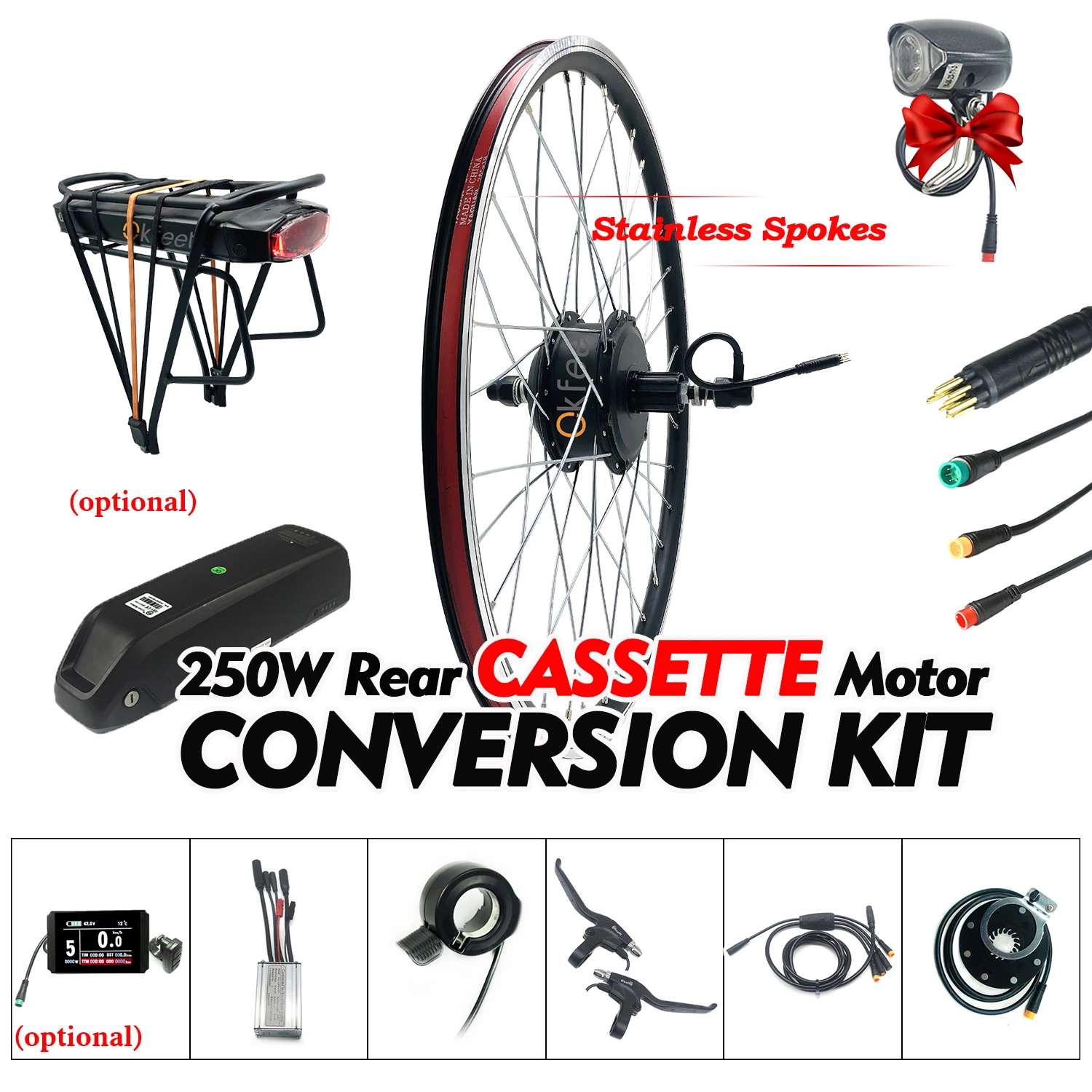 EBike Kit 36V 250W Кассетный мотор редуктор с ЖК дисплеем светодиодный комплект для