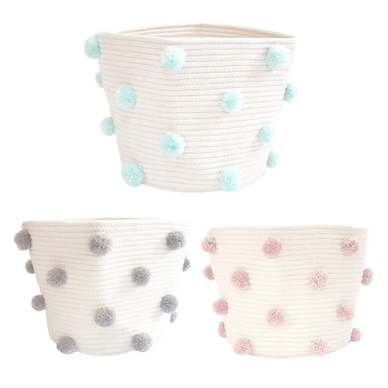 

Cotton Rope Storage Baskets 12\" x 12\" Woven Baby Cute Pompoms Orangizer Bins 203F
