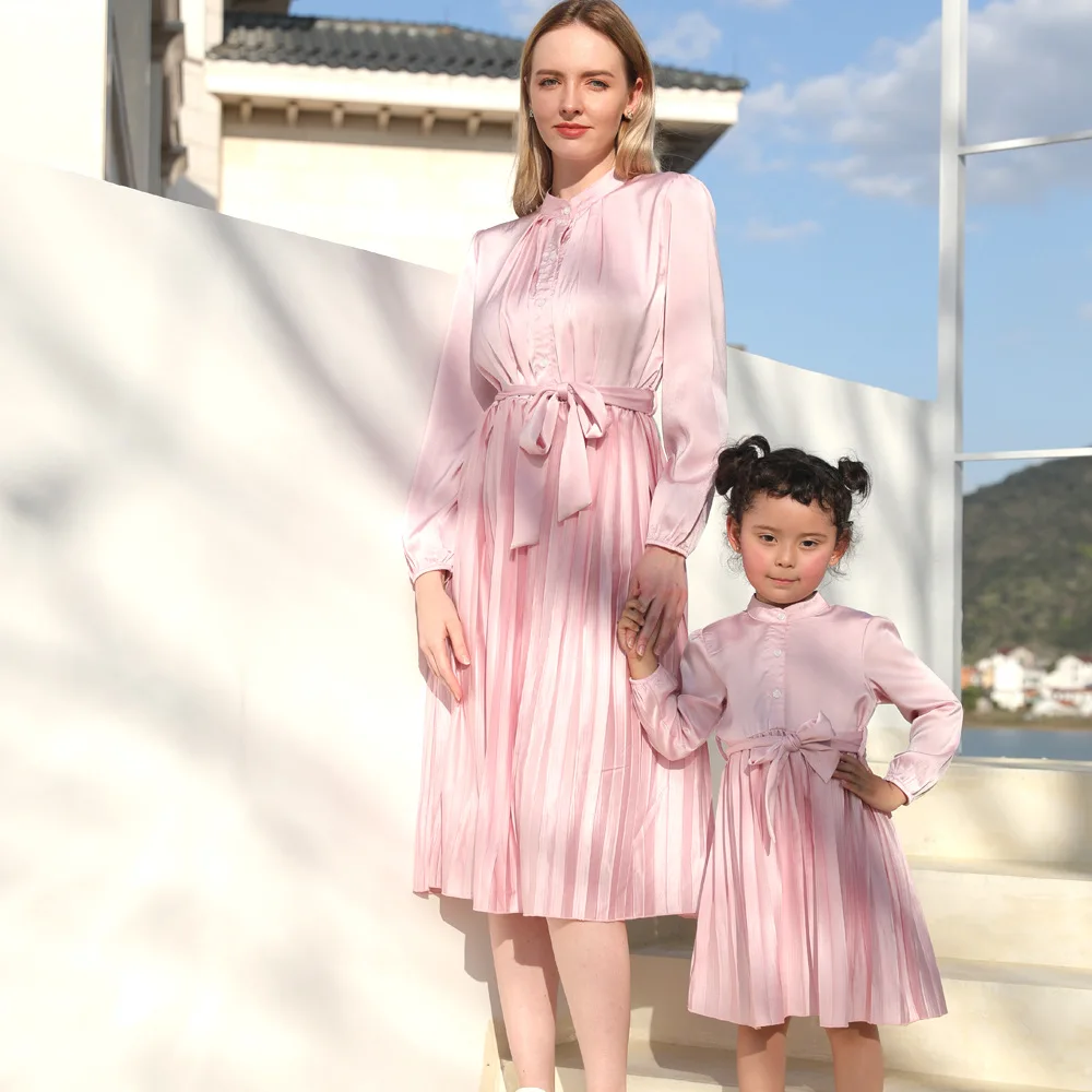 

Mom And Daughter Bowknot Dress Spring Autumn Cute Sweet Pink Stripe Long Dress Mommy And Me Clothes Family Matching Clothes