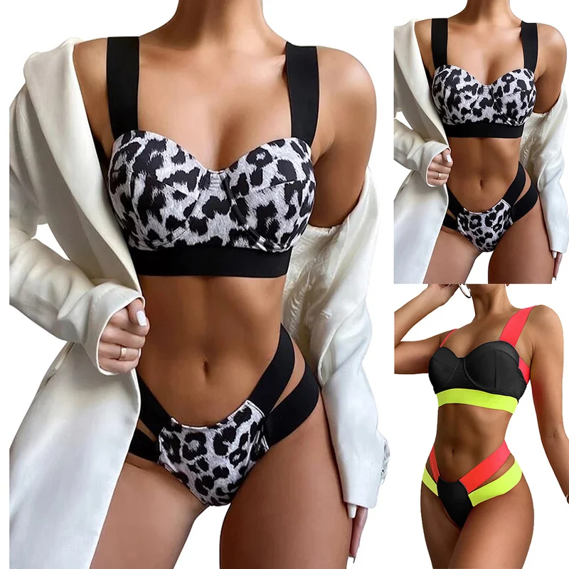 

Two Piece Set Summer Womens Leopard Print Bikini Set Sexy Padded Push Up Bra Top Swimsuit Bandage Briefs Swimwear Bandeau