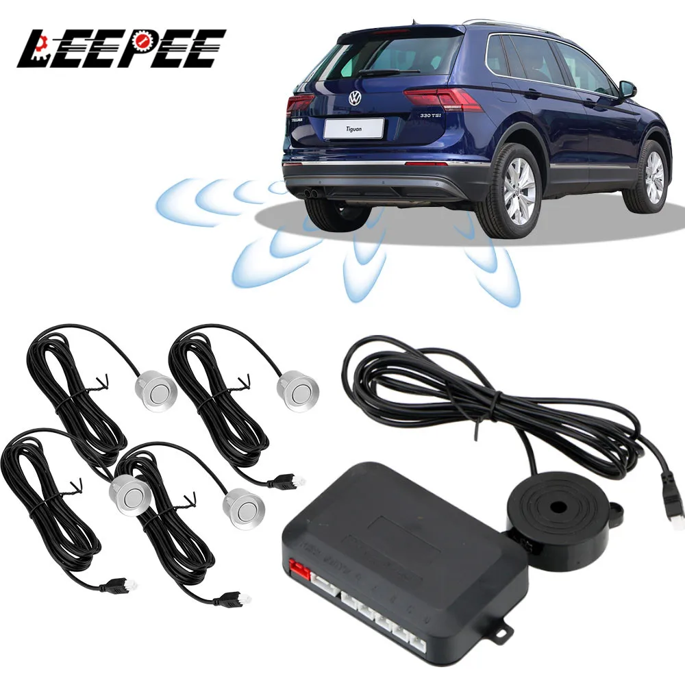 

Car Distance Detection System Car Parking Sensor Kit Reverse Backup Radar Sound Alert Indicator Universal 4 Sensors Buzzer 12V