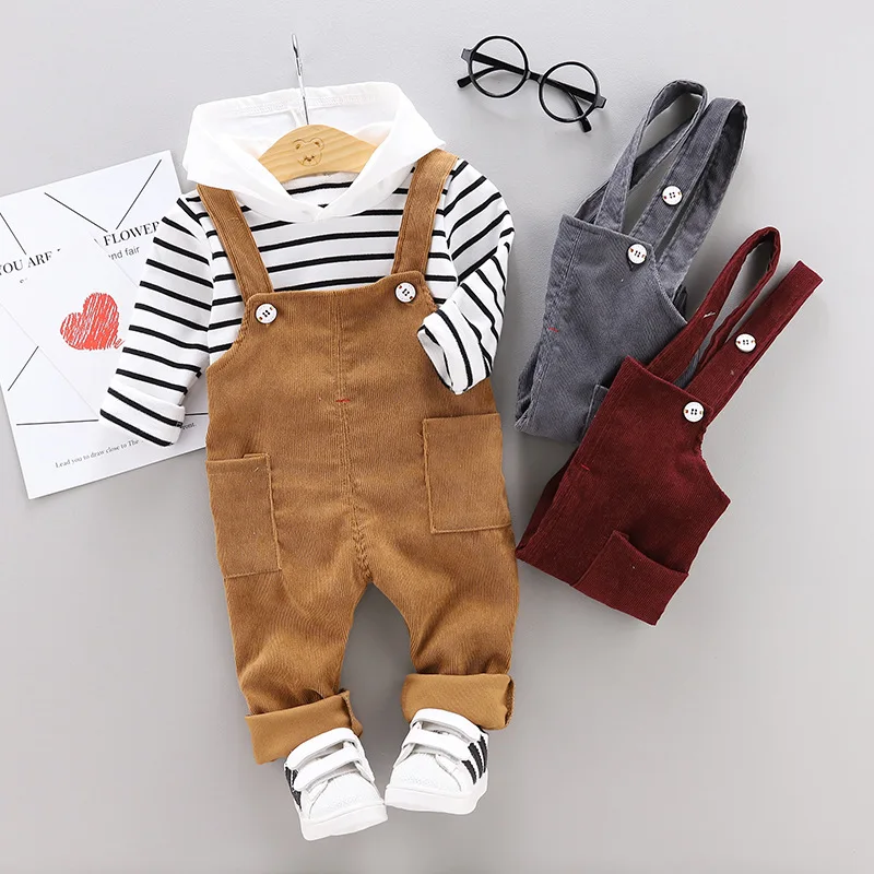 

2020 children's clothing new cute baby clothing suit boys overalls streped hooded top+overalls sets 0-4yrs baby wear