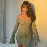 winter new style flared sleeve low cut v neck slim irregular dresses womens outfits casual urban streetwear bodycon dress