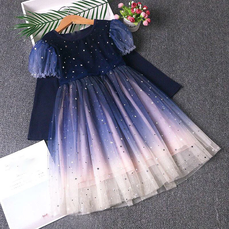 

Платье для девочек, новое весеннее Сетчатое голубое детское платье с блестками и звездами, бальное платье принцессы, детская одежда