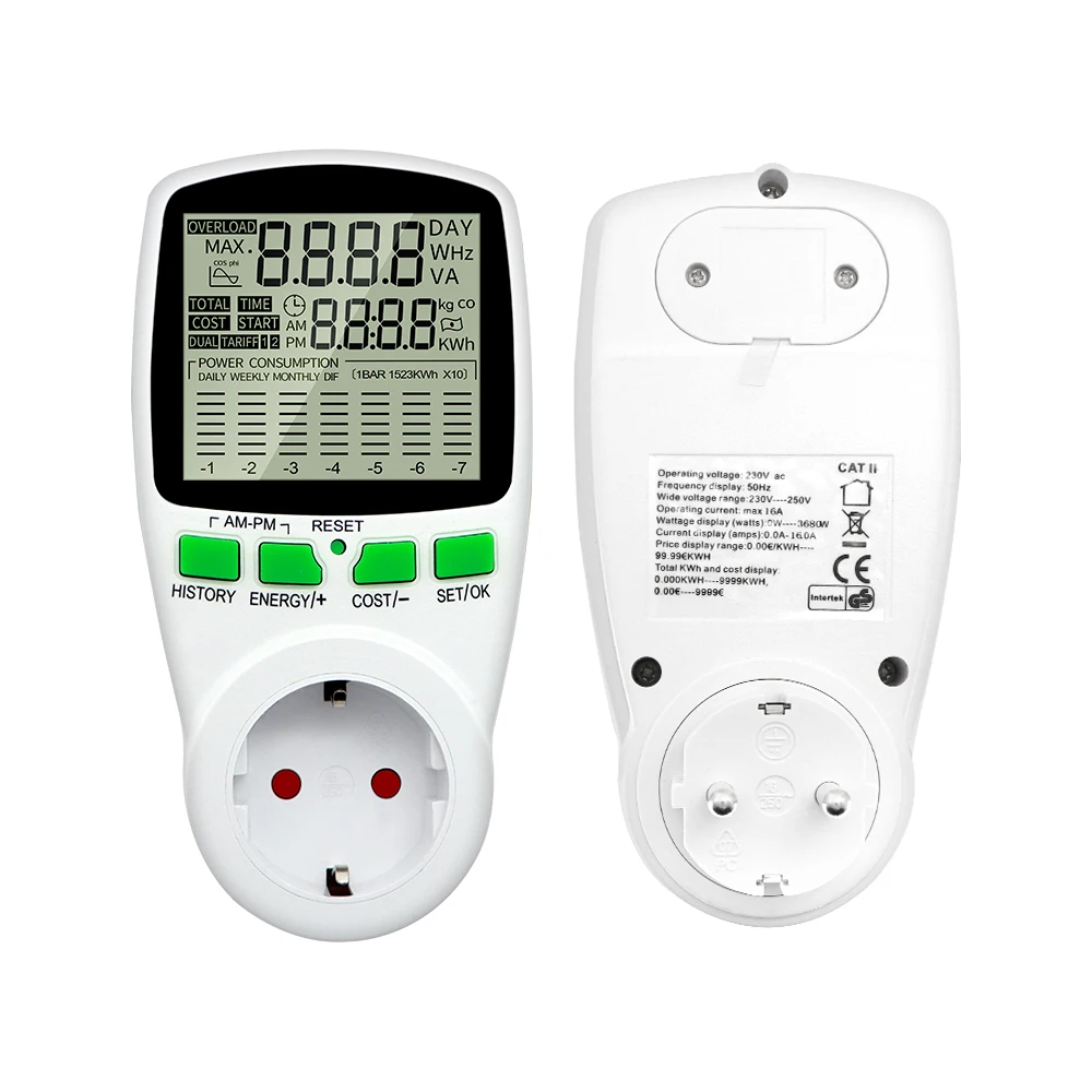 EU Plug Power Meter Digital Wattmeter Socket AC 220V Energy LCD Disply Electricity Cost Diagram Measuring Analyzer | Инструменты