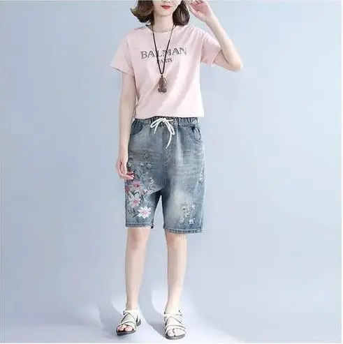 Винтажные пляжные летние джинсы с вышивкой женские Капри эластичным поясом и