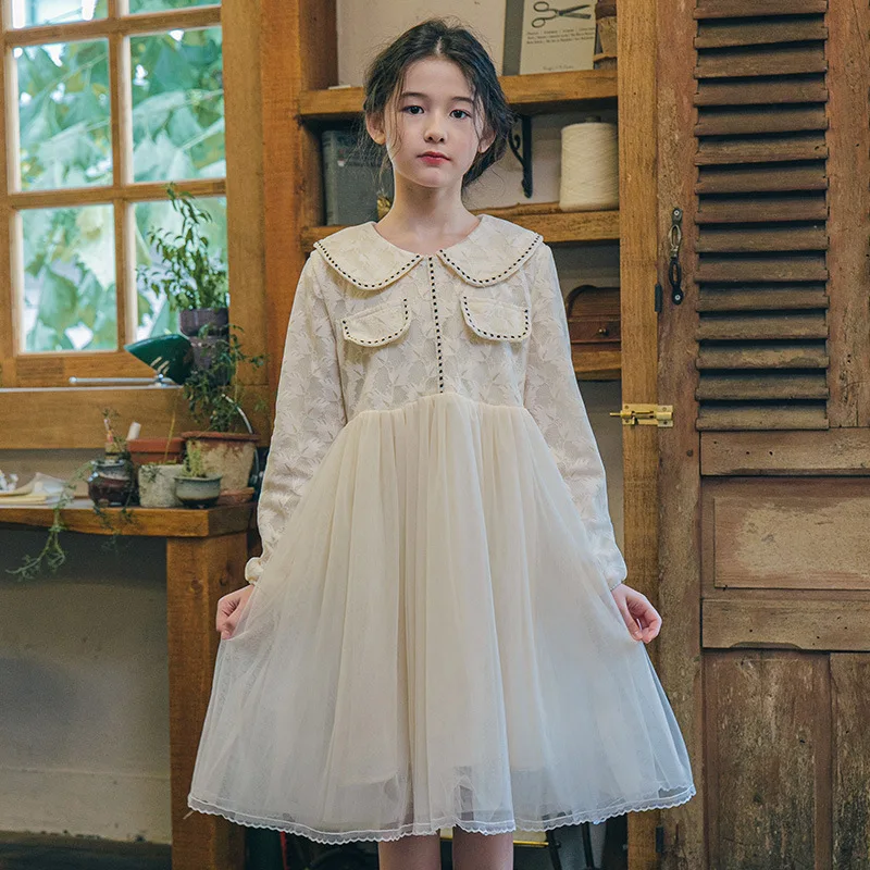 

Princess Dress for Girls Ankle Length Wedding Party Dress Eyelash Back White Lace elegant Dress Children Clothing