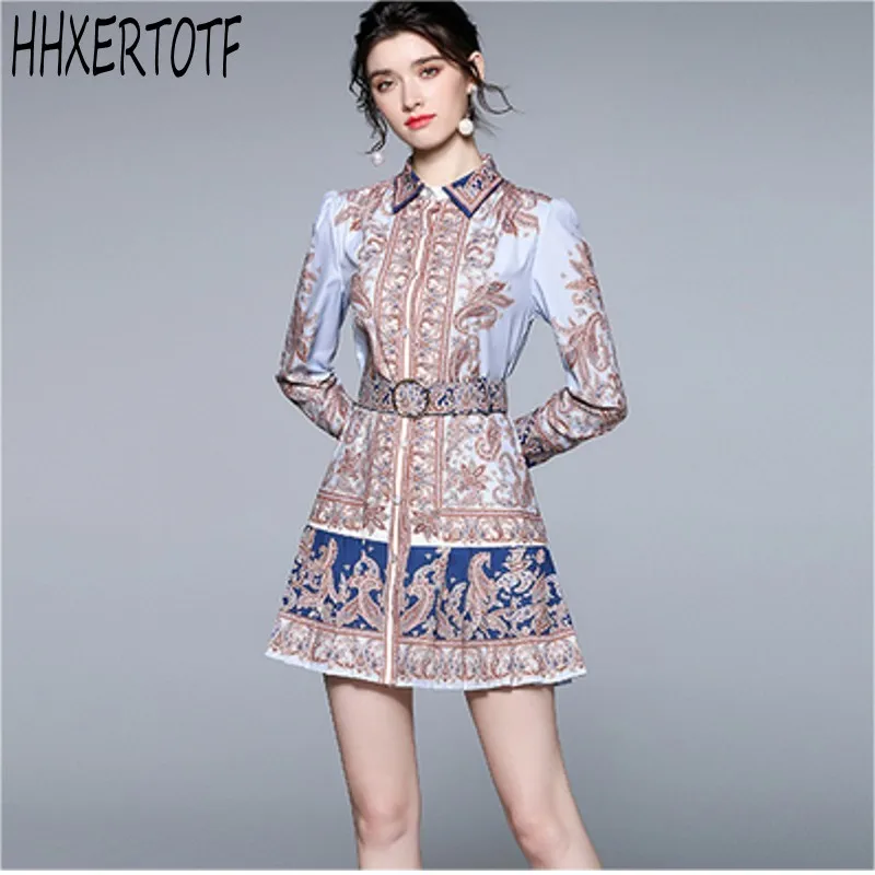 

Женское платье с поясом, элегантное платье с цветочным принтом, длинным рукавом и отложным воротником, весна-лето 2021