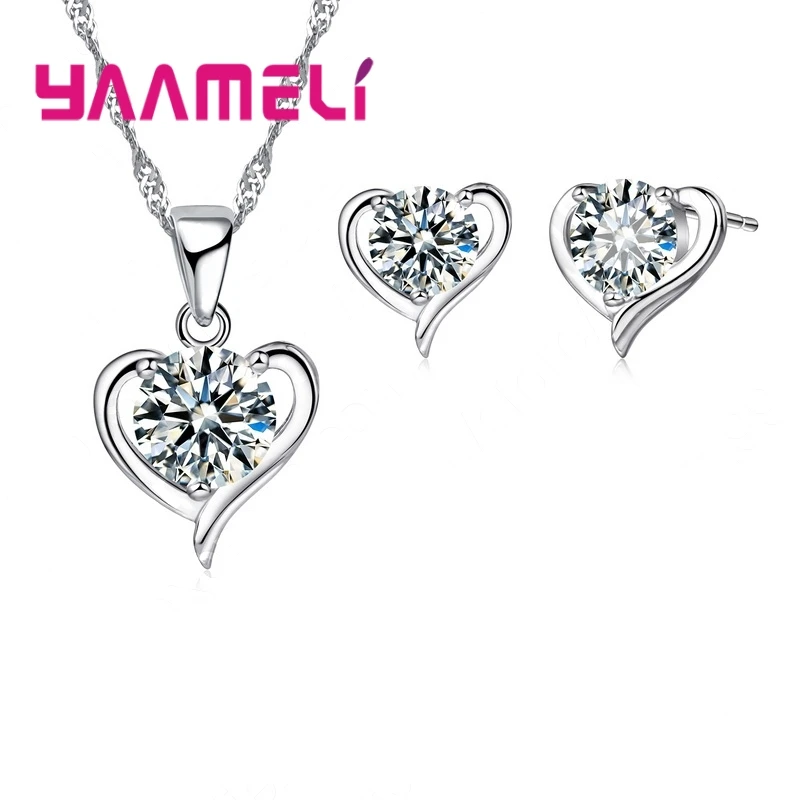 

New 925 Sterling Silver Cubic Zirconial Heart Shape Fine Jewelry Sets for Women Wedding Necklace Earrings Gift Sets