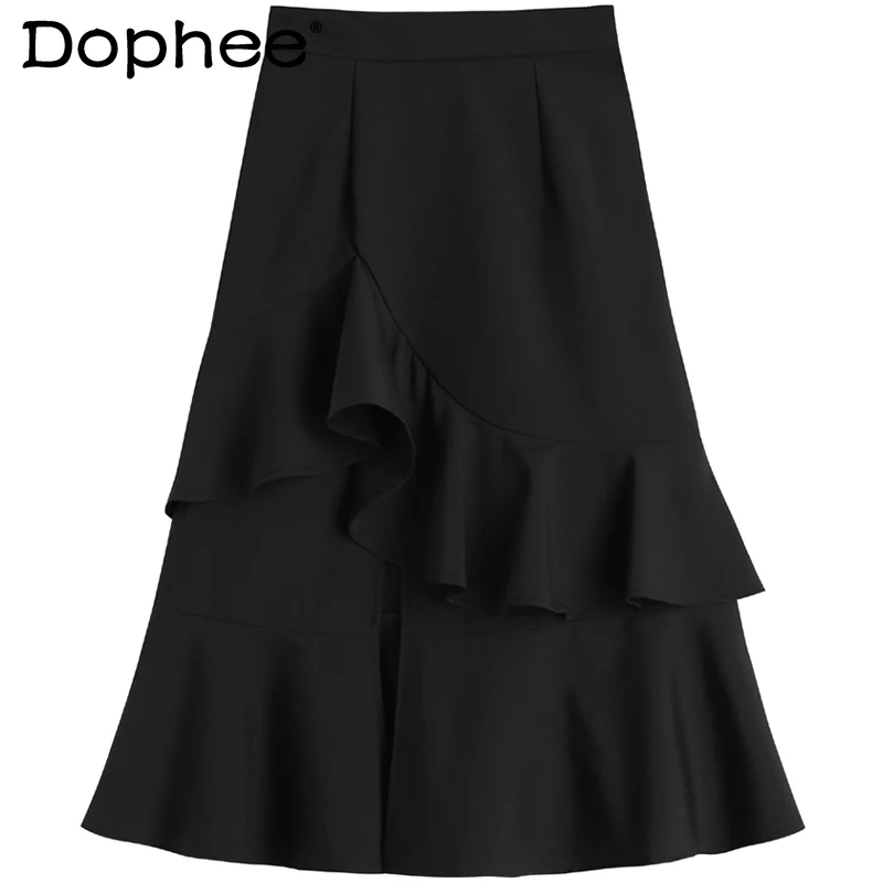 

Elegant Irregular Ruffled Skirt 2021 Summer New Korean Style Mid-Length Skirt High Waist Fishtail A- Line Skirt for Women