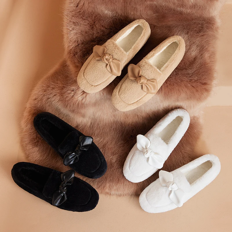 

Women Shoes Autumn Slip-on Casual Female Sneakers Round Toe Modis Loafers Fur Clogs Platform Bow-Knot Fall New Slip On 2021 Wint