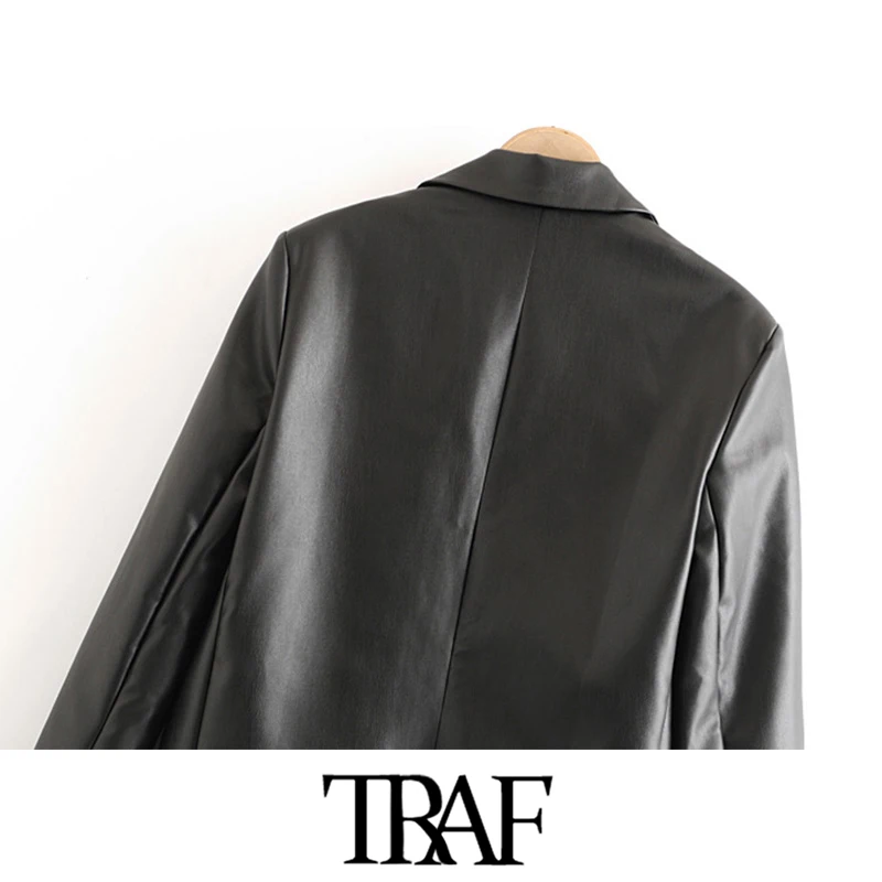 

Women Fashion Faux Leather Loose Blazer Coat Vintage Pockets Long Sleeve Back Vents Female Outerwear Chic Tops 2021 New