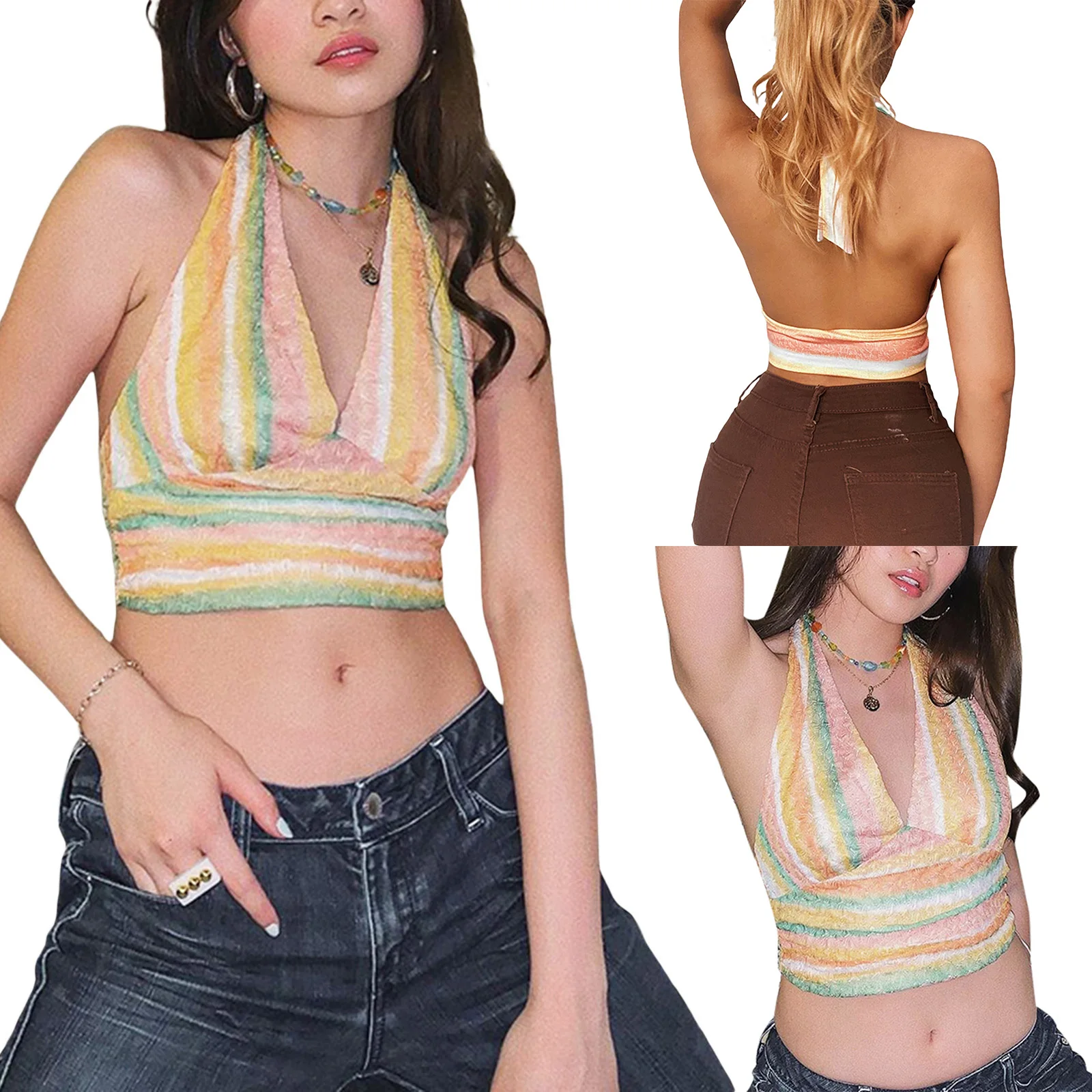 

Ladies Summer Sexy Midriff-baring Camisole, Colorful Stripes V-neck Hanging Neck Lace Up Sleeveless Tops Backless Base Shirt