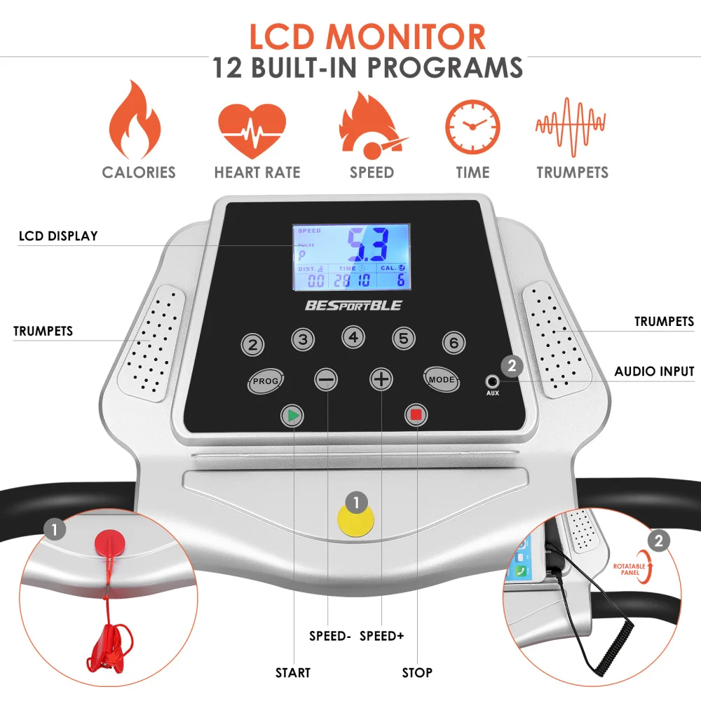 

BESPORTBLE Motorized Treadmill Portable Electric Treadmill Running Machine Household Folding Treadmill with LCD Monitor for