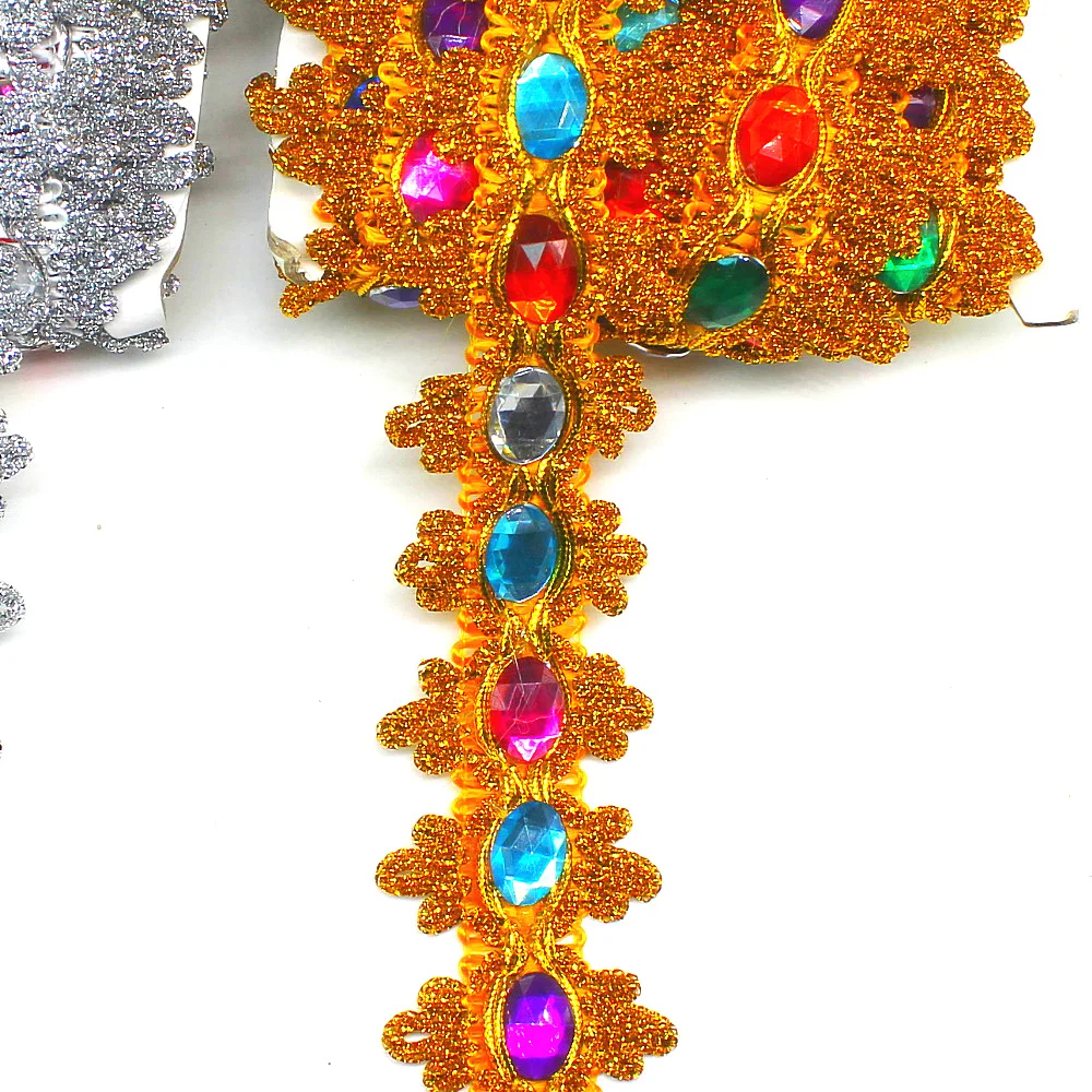 1 ярд кружево с кристаллами алмазная аппликация плетеная стразы лента 3D золотой