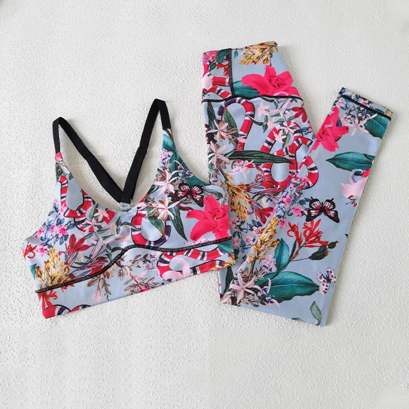 

Floral Print Women Yoga Sports Set Women Running Fitness Running Sleeveless Bras Gym Sportswear Workout Leggings High Waist Suit