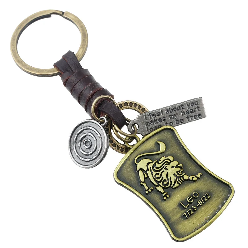 

WANGAIYAO retro hand-woven 12 constellation cowhide keychain simple small gift car key pendant