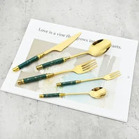green gold marbled ceramic cutlery set mirror stainless steel tableware set knife coffee spoon cake fork dinnerware storage tray