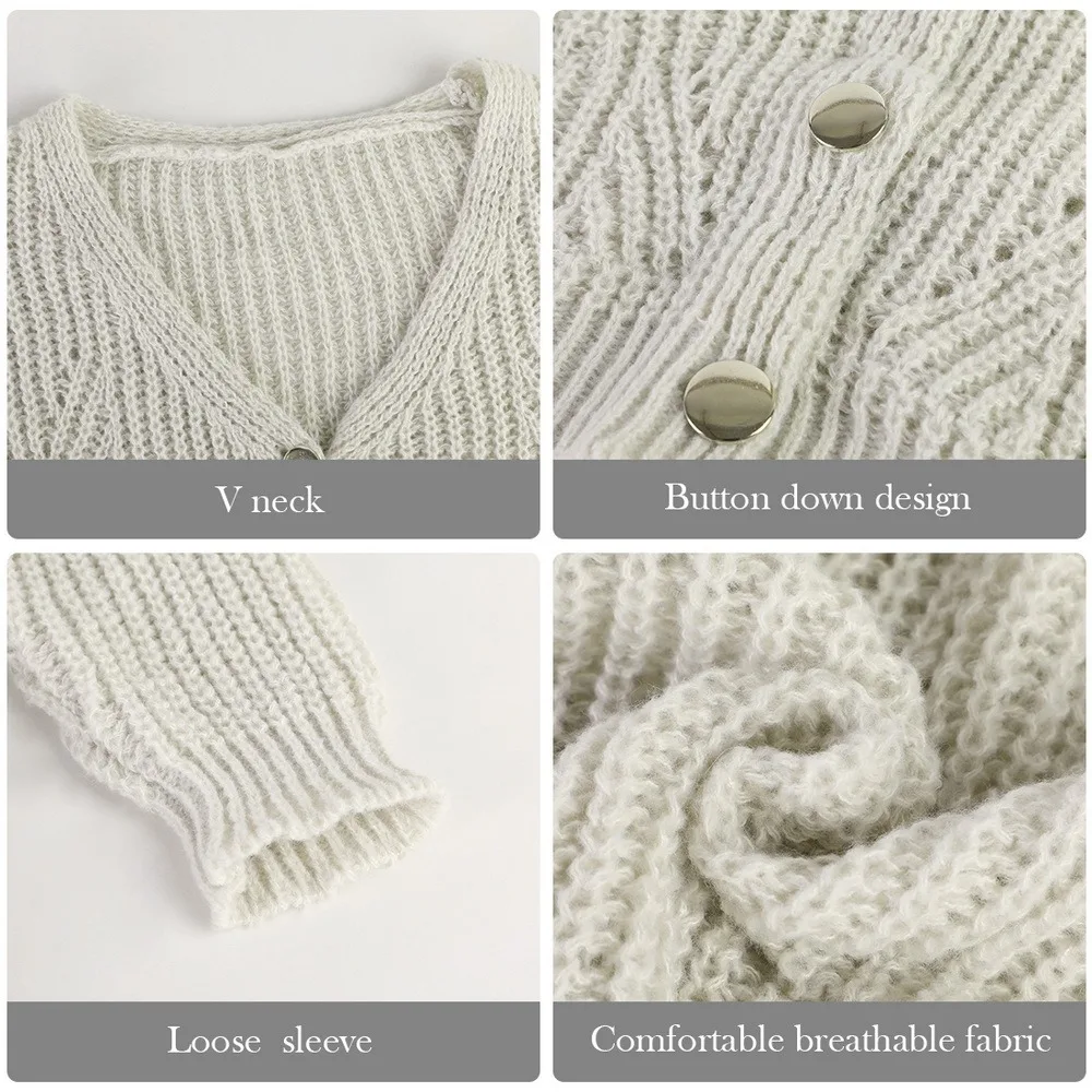 

Muyogrt Casual Long Knitted Cardigan Women Autumn V-neck Yellow Cardigan Lantern Sleeve Loose Female Button Knitwear Sweaters