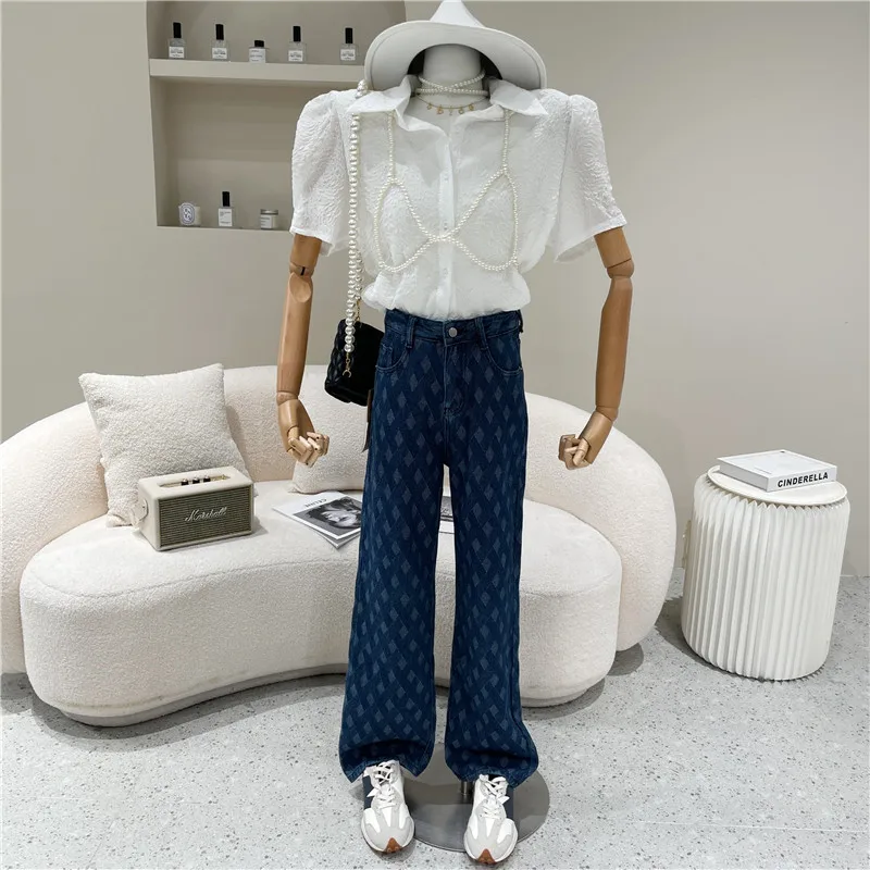 

Women's Spring 2021 Niche Design Fashion Design Lingge High Waisted Slim Wide Leg Long Trousers Straight Jeans