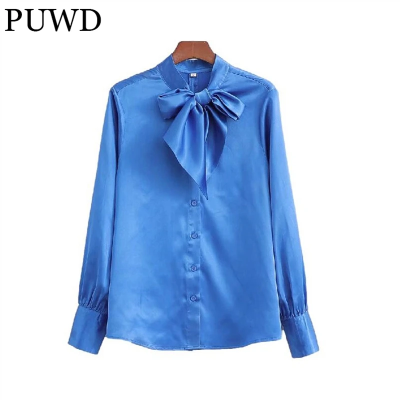 

Элегантная Женская атласная рубашка PUWD с длинным рукавом и бантом синего цвета, осень 2021, модная женская Однотонная рубашка, повседневная ж...