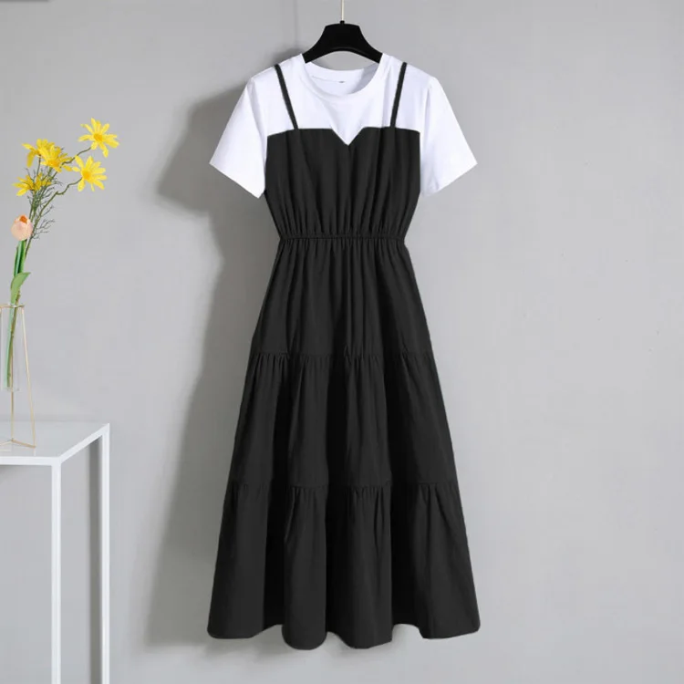

Women Fashion Fake Two Piece Plus Size Summer Dress 2021 New Black O-neck Short Sleeve Patchwork Ruffle A-line Dresses For Woman