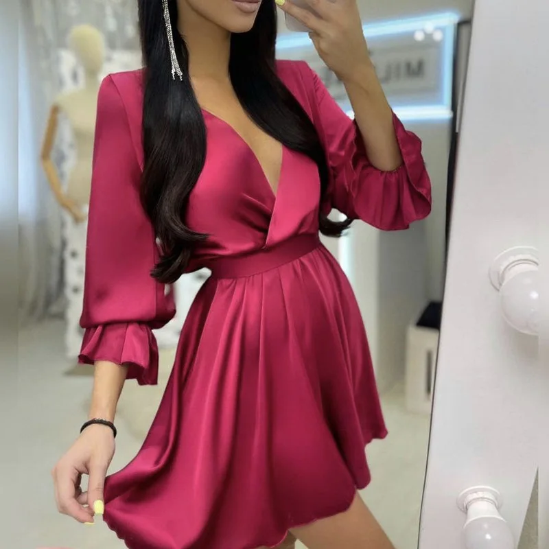 

Office Elegant Flare Long Sleeve Women Party Dress Fashion Lady Tie-up Backless Mini Dress Sexy Deep V Neck Satin Dress Vestidos