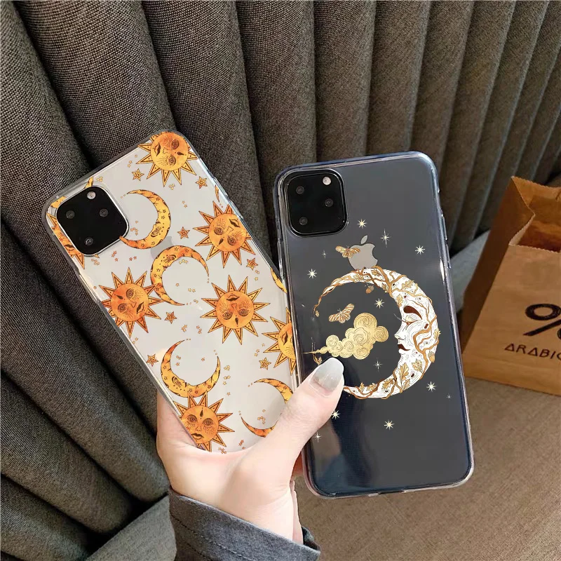 Funny Sun Moon Face Shockproof Phone Case For iPhone 11 12 13 Pro MAX X XS MAX XR SE 2020 7 8 Plus transparent Matte Back Cover